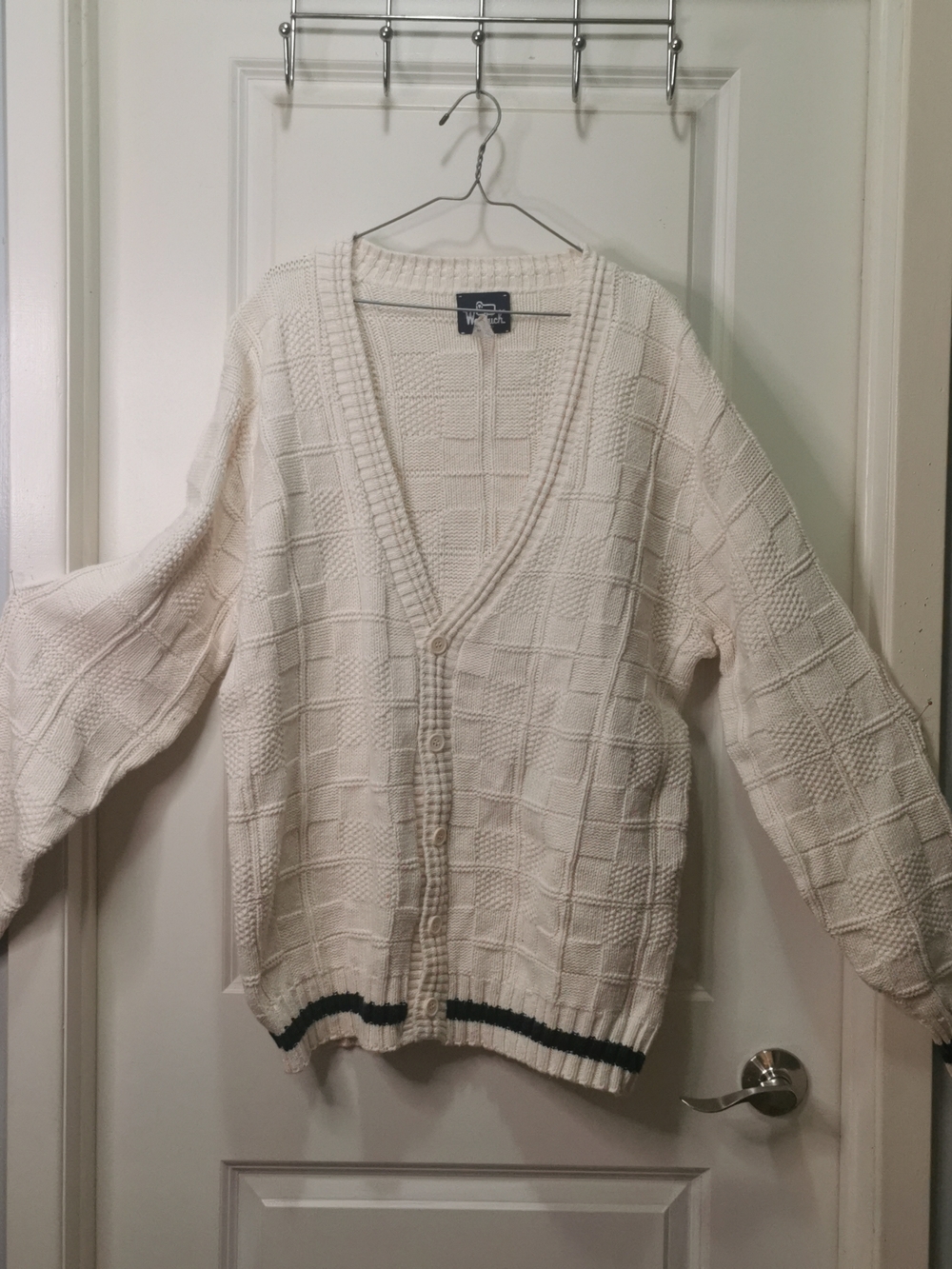 Vintage 100% Cotton Woolrich Ivory Knit Cardigan with Dark Hem‎ Stripe